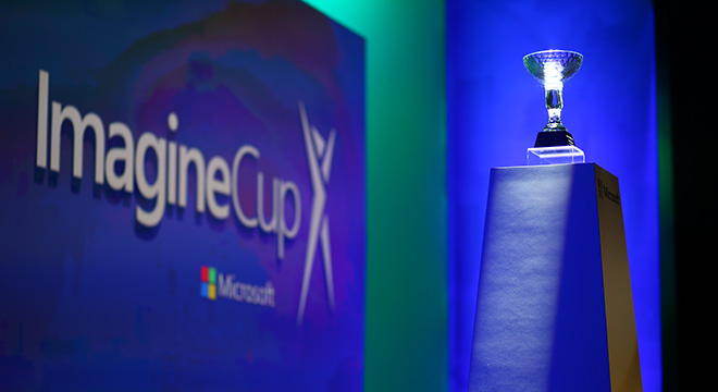 2023 Microsoft Imagine Cup logo backdrop and throphy 