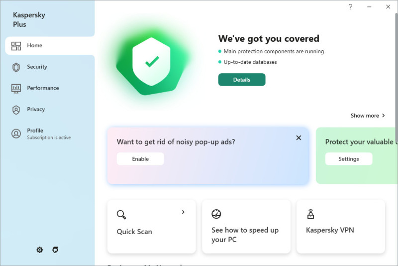 kaspersky plus dashboard showing new user interface for threat protection and security