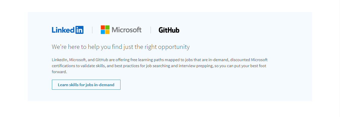 LinkedIn, Microsoft and GitHub logo's on background showing company offering Skills for Jobs Learning Pathways mapped to jobs