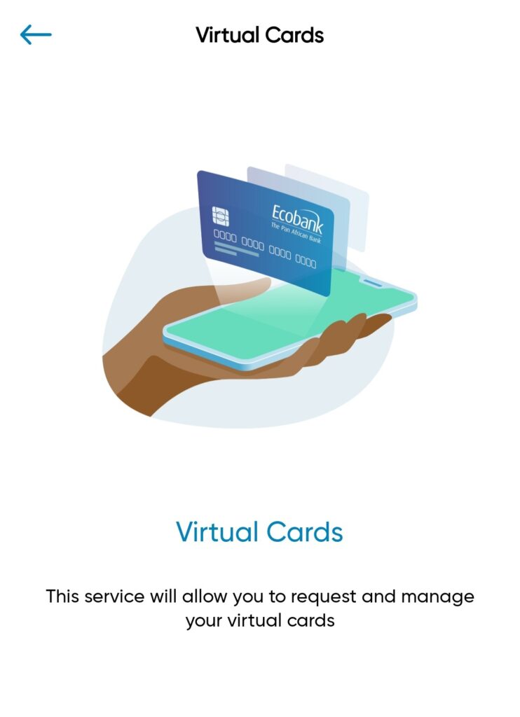 Ecobank virtual VISA card home page in the Ecobank mobile app