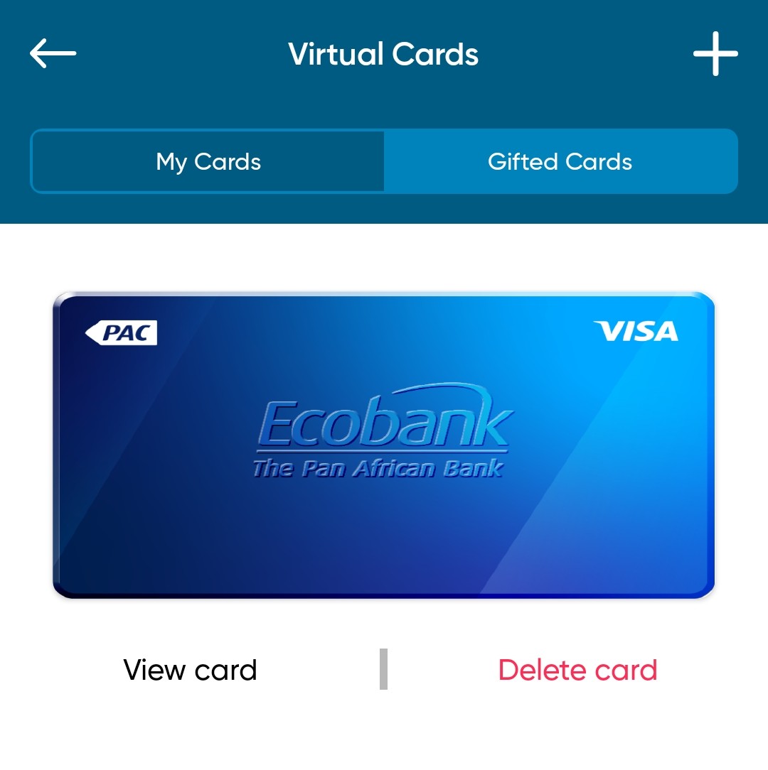 Ecobank virtual VISA card showing a gift card