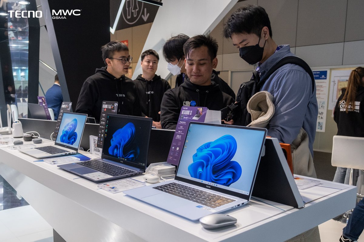 TECNO MegaBook S1 2023 laptops on dispay on a stand during MWC 2023