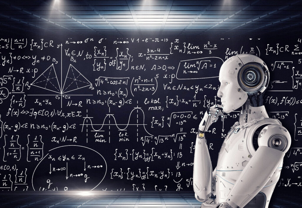 AI robot in thought with text on the board in the background