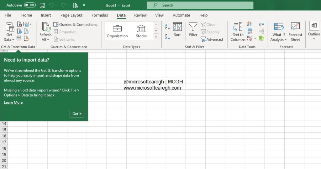 an excel sheet showing the dta tab for Excel for data analysis with MCGH details written in the sheets